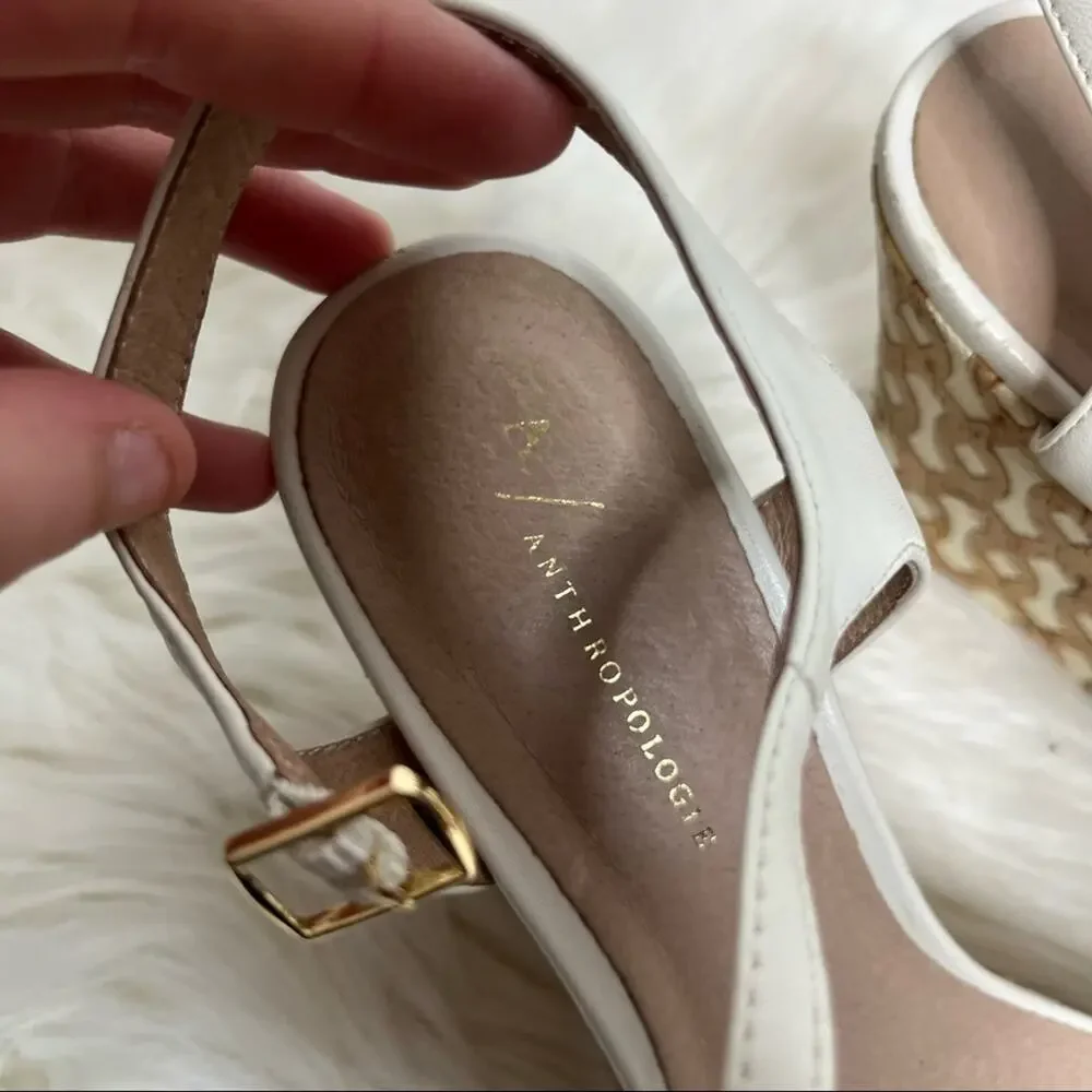 Anthropologie White Leather Open Toe Platform Wedges Size 9